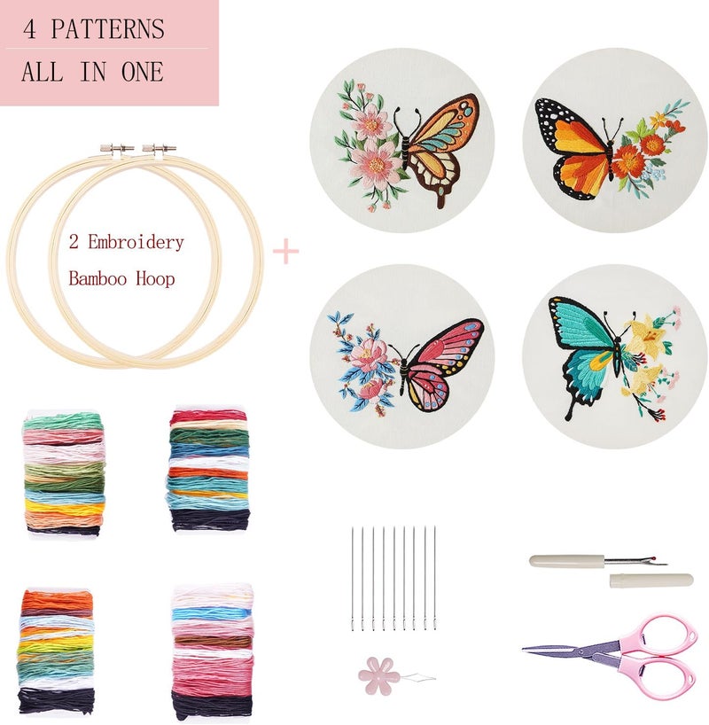 Bonroy 4 Sets Embroidery Set for Beginners, Art Craft, Easy Sewing, Includes Embroidery Clothing, Pattern, Embroidery Hoop, Instruction Manual, Colorful Thread Needles Set (Butterfly) - Image 2